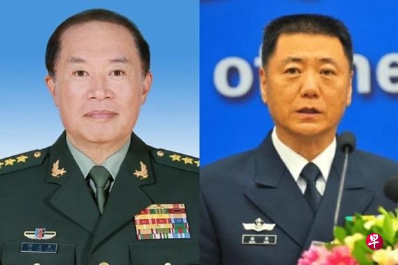 中国国防部星期五(10月17日)通报,中共中央军委副主席何卫东(左)、中央军委政治工作部原主任苗华等九人严重违纪违法,被开除党籍、军籍。(互联网)