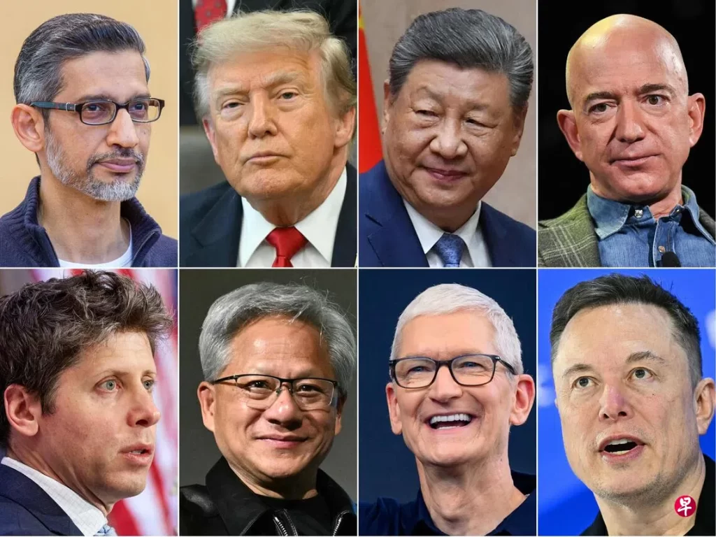 美国总统特朗普将在下周四(9月24日),于白宫设国宴款待中国国家主席习近平。多名科技与金融业高管将出席国宴,包括谷歌首席执行官皮查伊(上排左一)、亚马逊创办人兼首席执行官贝索斯(上排右一)、(下排左起)OpenAI首席执行官奥尔特曼、英伟达首席执行官黄仁勋、苹果执行主席库克,以及特斯拉创办人马斯克。(法新社)